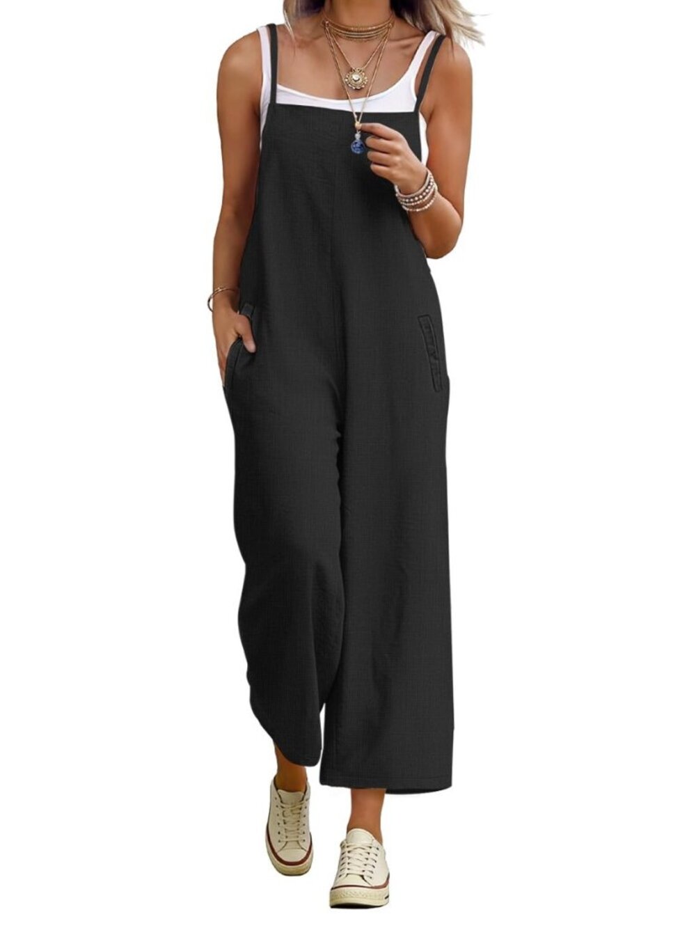 Women Casual Cotton Wide Leg Jumpsuits Baggy Cropped Rompers Overalls with